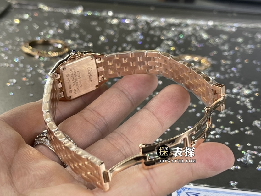卡地亚真金真钻定制顶级一比一高仿手表女士白盘镶钻钢带款表扣实拍图