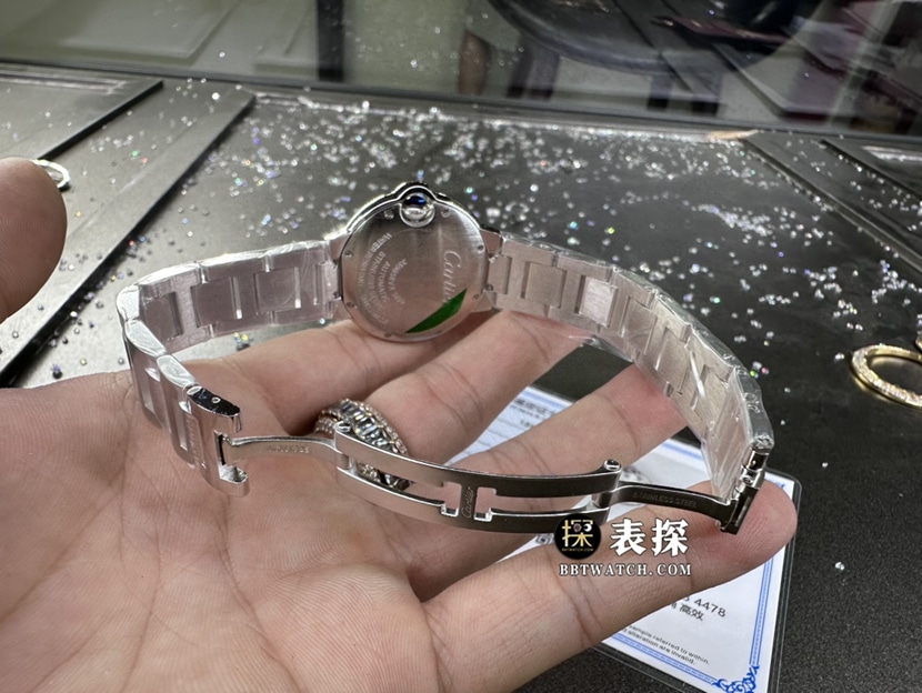 卡地亚蓝气球真金真钻定制顶级一比一精仿手表女士银白盘钢带款表扣实拍图
