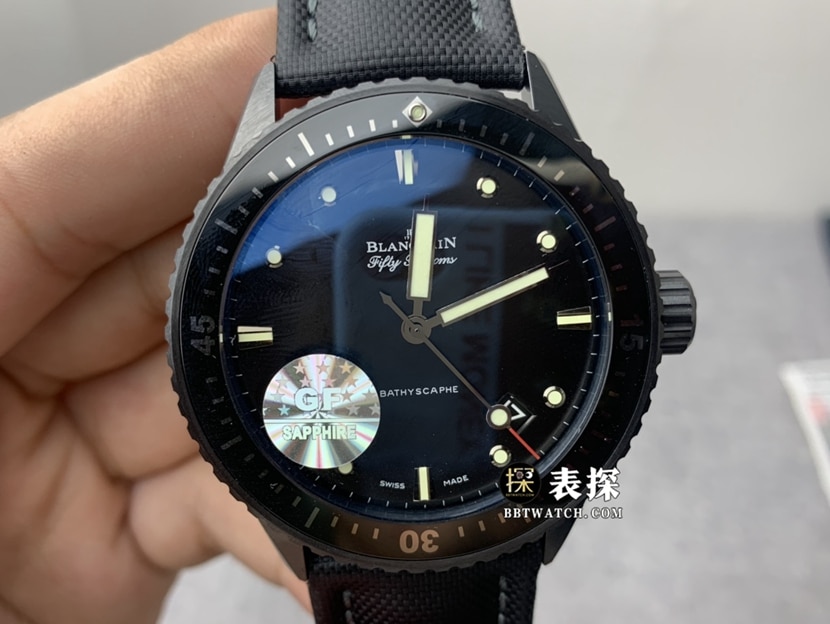 GF厂宝珀五十噚5000顶级复刻手表男士黑盘皮带款图片及价格正面实拍图