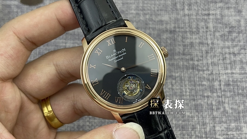 JB厂宝珀艺术大师顶级一比一精仿手表男士黑盘陀飞轮皮带款图片及价格正面实拍图