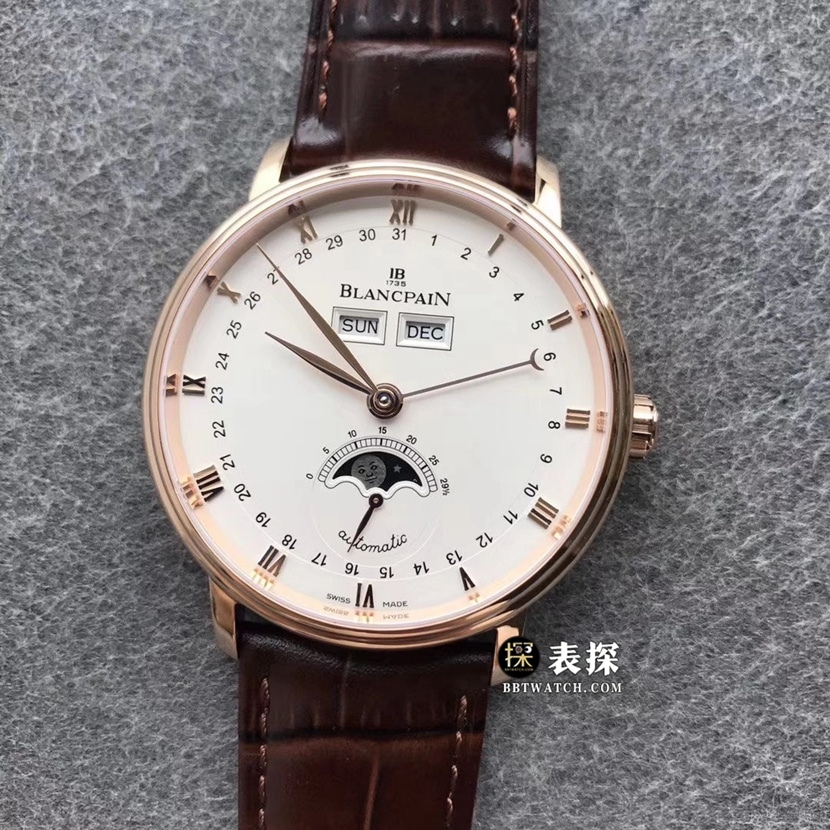 TTC厂宝珀经典6263一比一超A精仿手表男士白盘全日历月相皮带款图片及价格正面实拍图
