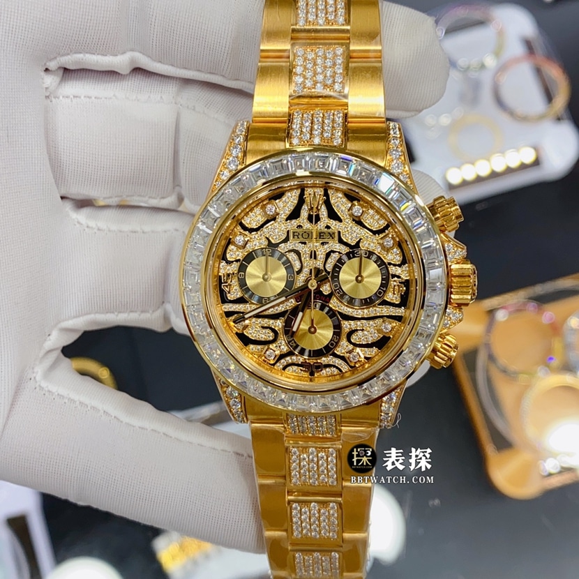 劳力士宇宙计型迪通拿真金真钻定制顶级一比一精仿手表男士老虎面黄金镶钻钢带款正面实拍图