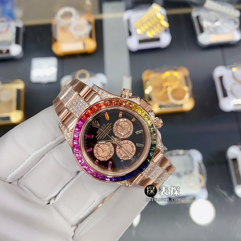 劳力士宇宙计型迪通拿真金真钻定制一比一超A高仿手表男士黑盘彩虹圈钢带款正面实拍图