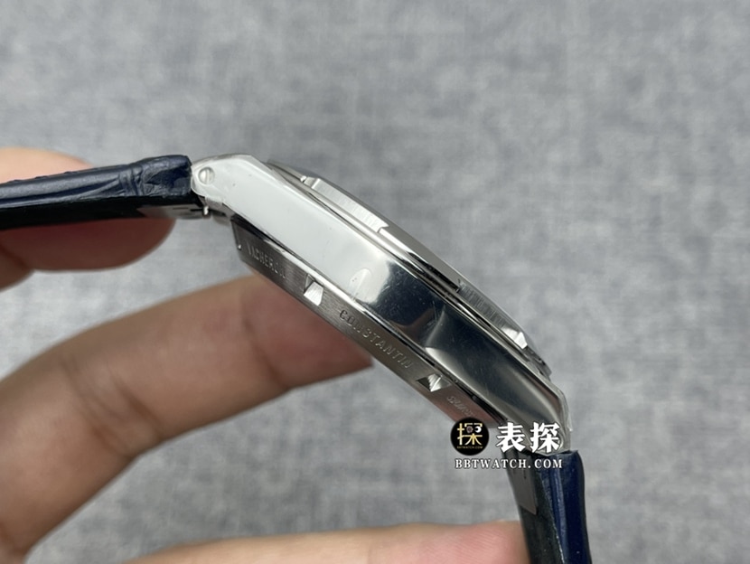 8F厂江诗丹顿纵横四海顶级一比一精仿手表男士蓝盘皮带款图片及价格侧面实拍图