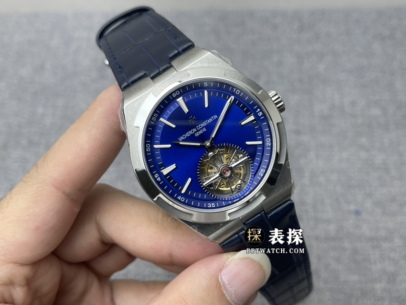 8F厂江诗丹顿纵横四海顶级一比一高仿手表男士蓝盘陀飞轮皮带款图片及价格正面实拍图