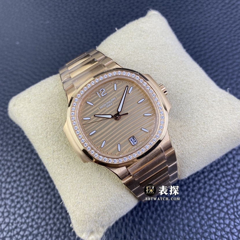 3K百达翡丽运动优雅系列7118顶级一比一精仿手表女士金棕盘钢带款图片及价格正面实拍图
