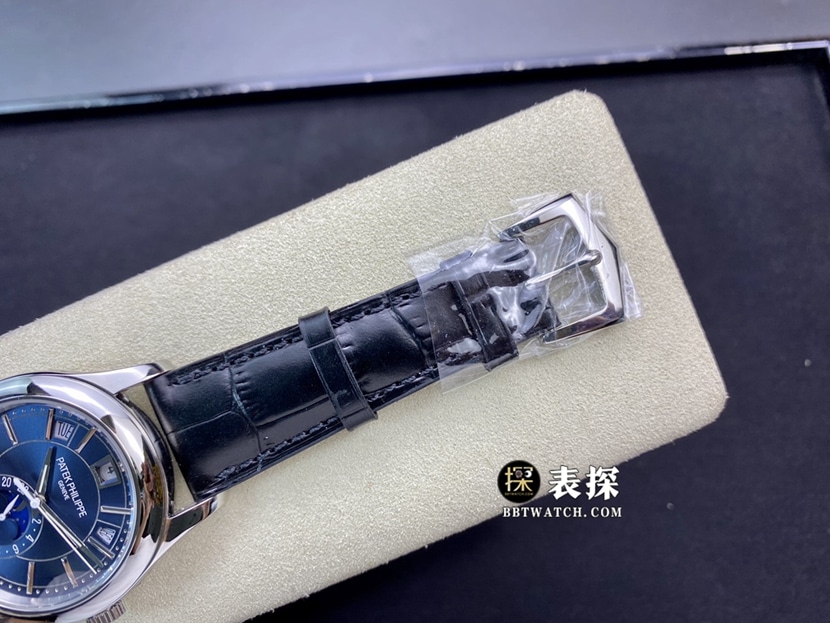 KM厂百达翡丽复杂功能时计5205G一比一超A高仿手表男士蓝盘月相皮带款图片及价格表扣实拍图