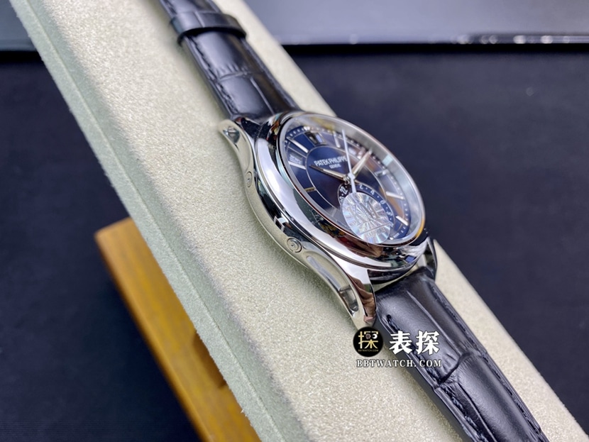 KM厂百达翡丽复杂功能时计5205G一比一超A高仿手表男士蓝盘月相皮带款图片及价格侧面实拍图