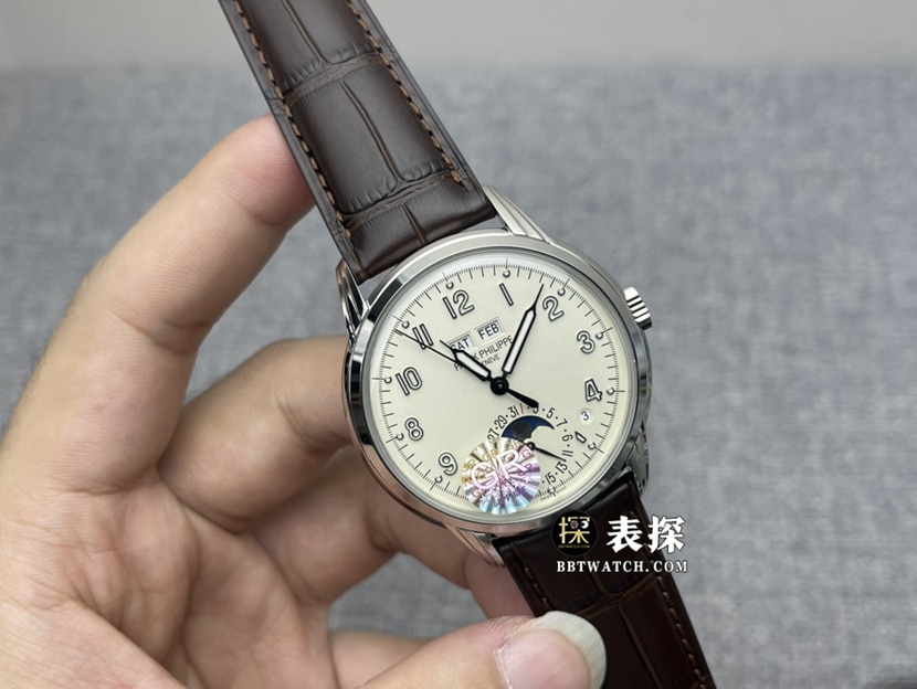 GR厂百达翡丽超级复杂功能时计5320G-001一比一超A高仿手表男士奶油盘皮带款图片及价格正面实拍图