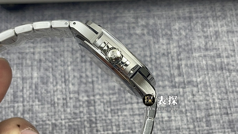3K厂百达翡丽运动优雅7118超A高仿手表女士莹白盘镶钻钢带款图片及价格侧面实拍图