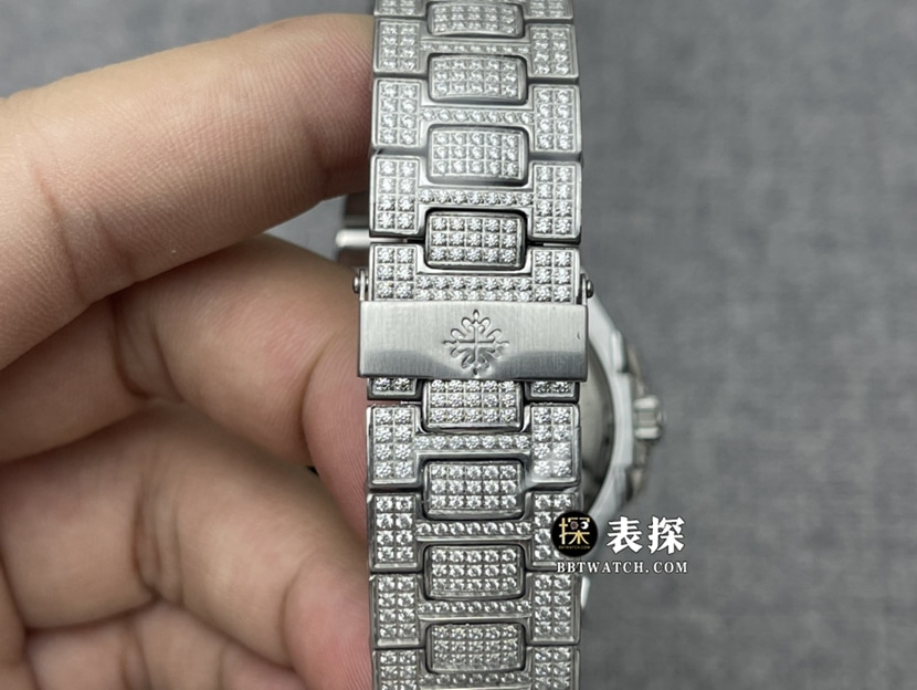 百达翡丽超A高仿手表男士鹦鹉螺满钻盘钢带款图片及价格表带实拍图