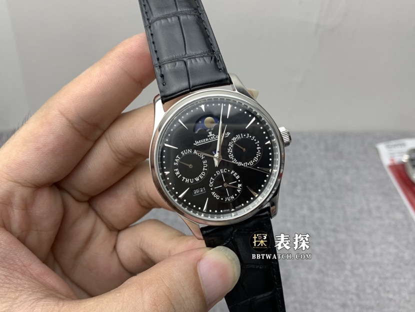 V9厂积家大师顶级一比一高仿手表男士黑盘月相皮带款图片及价格正面实拍图