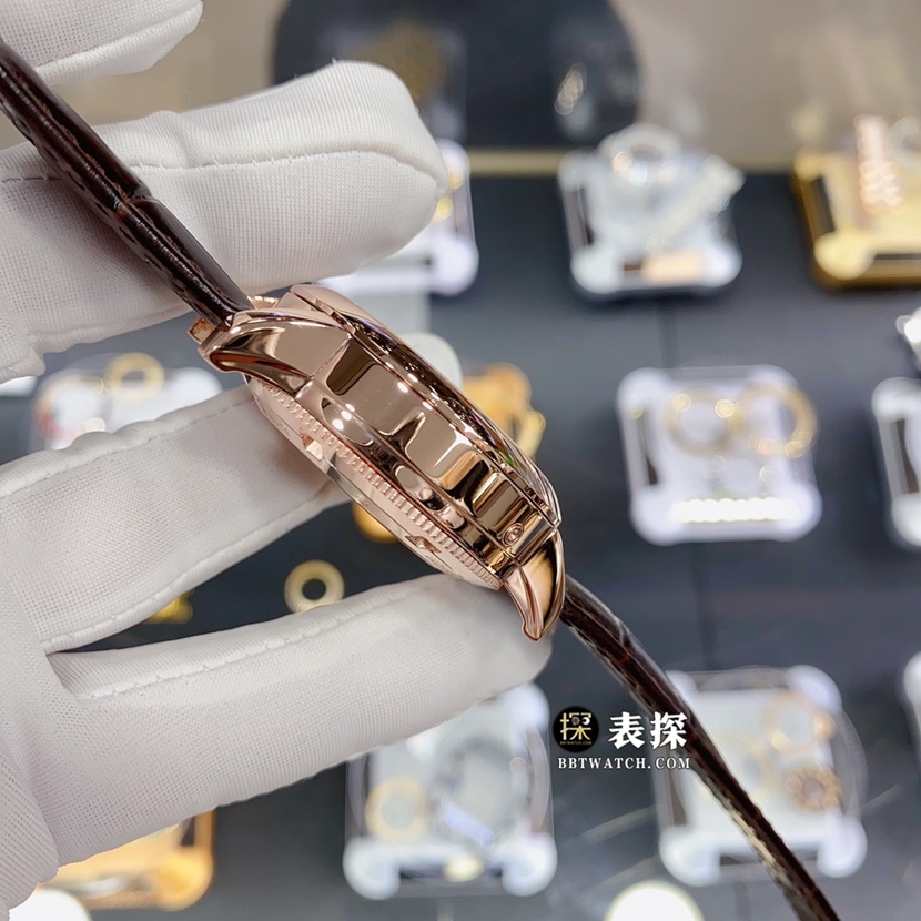 江诗丹顿传袭真金真钻定制一比一超A高仿手表男士乳光墨褐色熊猫盘皮带款侧面实拍图
