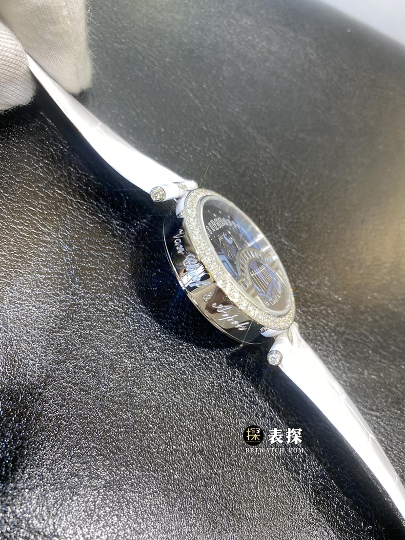 梵克雅宝诗意复杂功能真金真钻定制一比一顶级复刻手表女士情人桥镶钻皮带款侧面实拍图