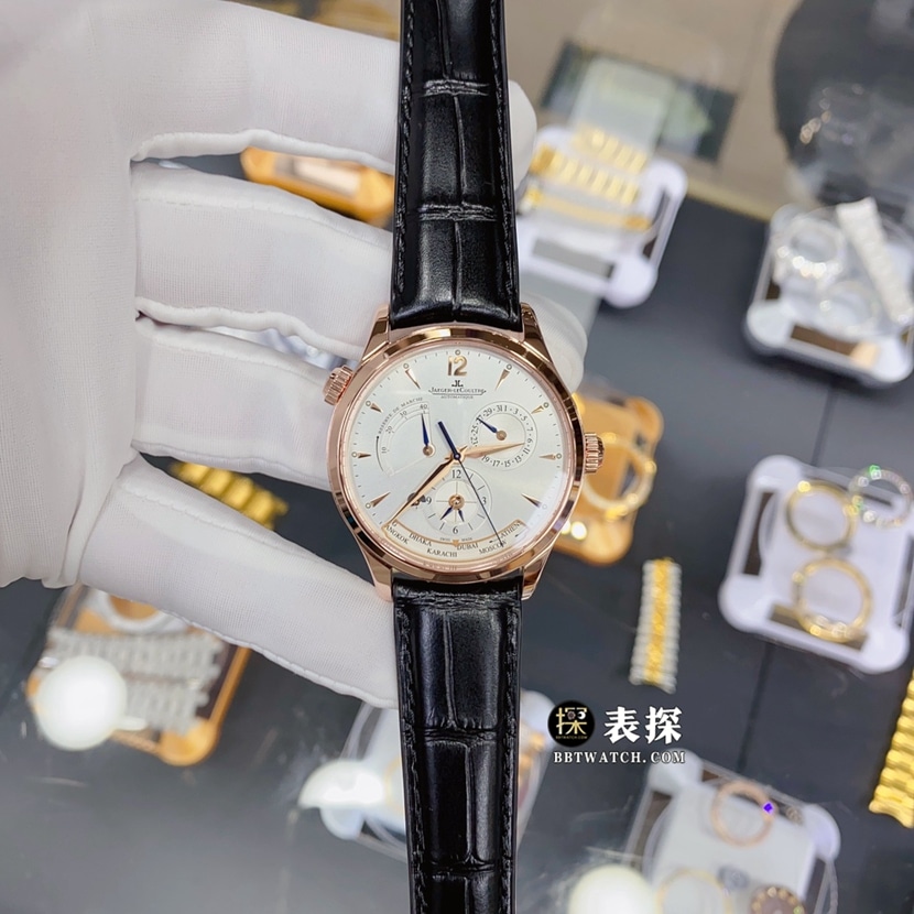 积家大师真金真钻定制顶级一比一精仿手表男士银白盘双时区皮带款正面实拍图