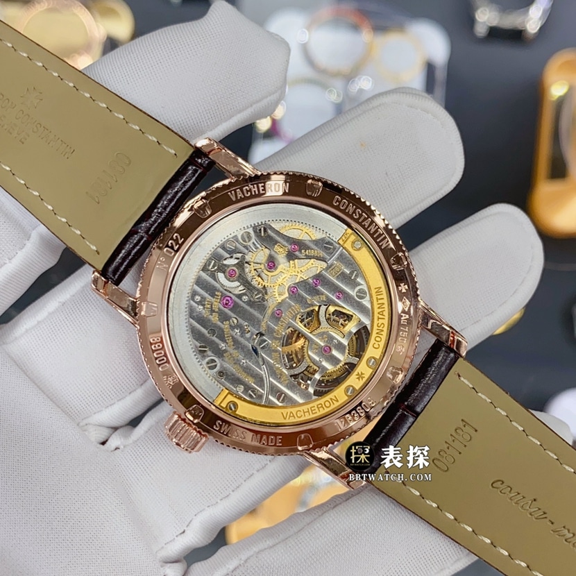 江诗丹顿传袭真金真钻定制一比一超A高仿手表男士贝母面玫瑰金镶钻陀飞轮皮带款背面实拍图
