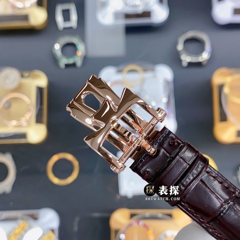 江诗丹顿传袭真金真钻定制一比一超A高仿手表男士贝母面玫瑰金镶钻陀飞轮皮带款表扣实拍图