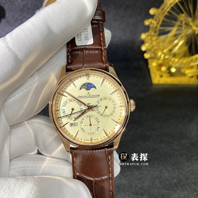 积家大师真金真钻定制顶级一比一高仿手表男士蛋壳黄盘万年历皮带款正面实拍图