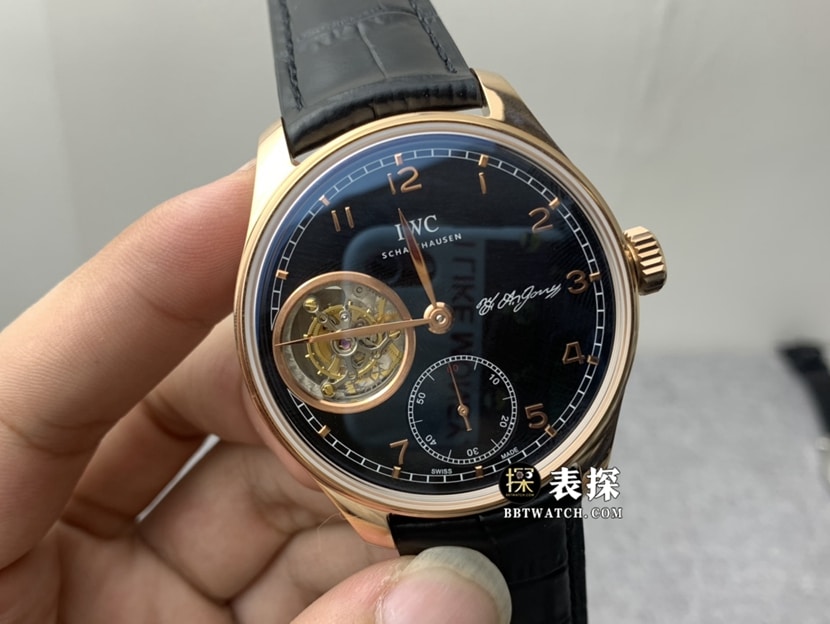 YL厂万国表男士葡萄牙顶级一比一高仿手表黑色陀飞轮皮带款图片及价格正面实拍图