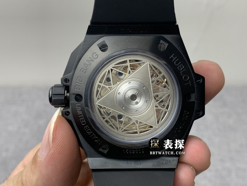 HB宇舶表男士一比一超A精仿手表陶瓷镂空盘橡胶款图片及价格背面实拍图