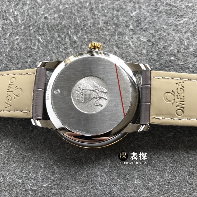 欧米茄蝶飞顶级一比一精仿手表男士白盘黄金皮带款图片及价格背面实拍图