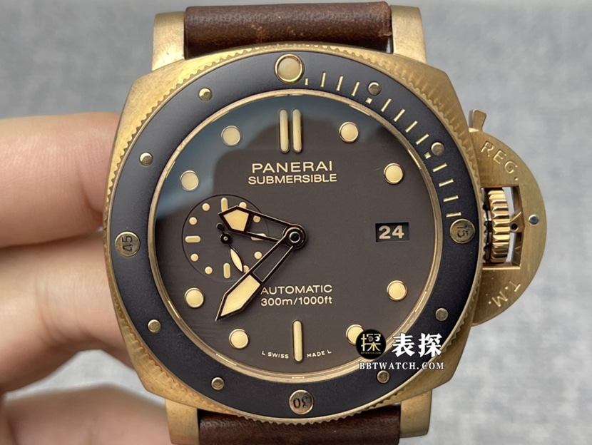 VS厂沛纳海潜行PAM00968超A高仿手表男士棕盘皮带款图片及价格正面实拍图