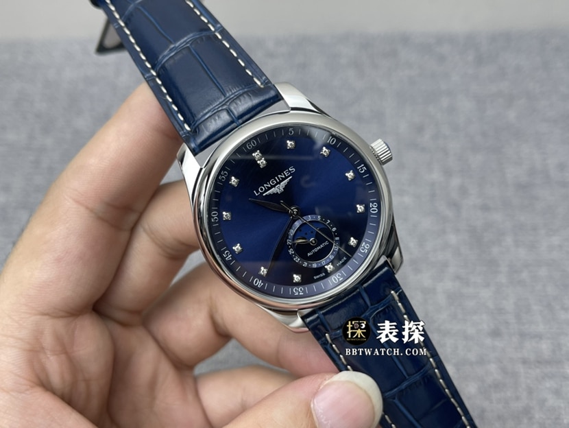 GF厂浪琴制表传统顶级一比一精仿手表男士蓝盘月相皮带款图片及价格正面实拍图