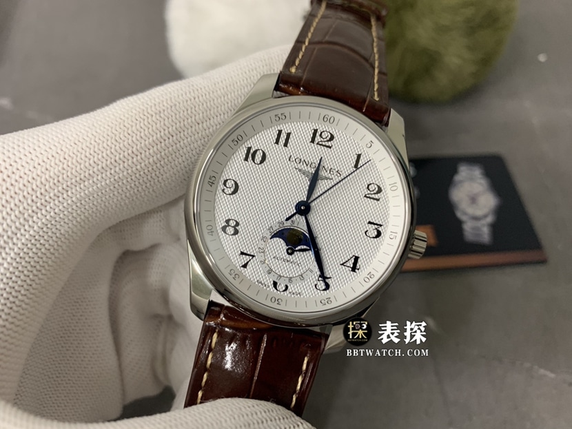 GS厂浪琴制表传统顶级一比一高仿手表男士银色麦粒盘月相皮带款图片及价格正面实拍图