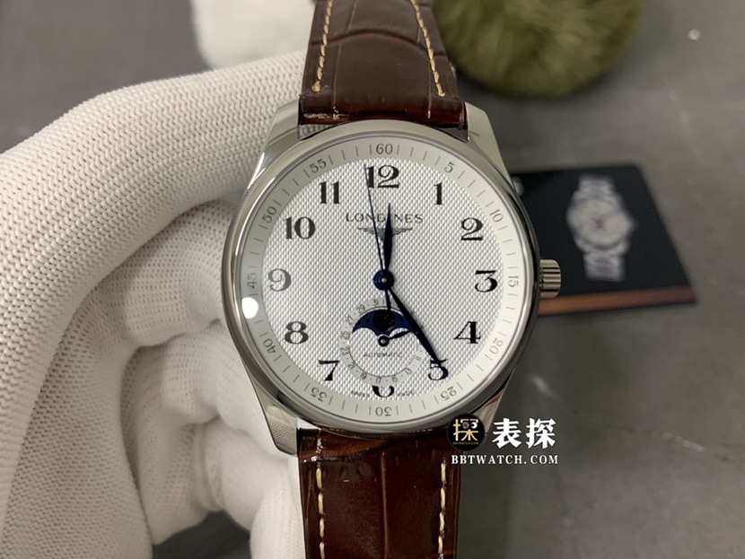 GS厂浪琴制表传统顶级一比一高仿手表男士银色麦粒盘月相皮带款图片及价格正面实拍图