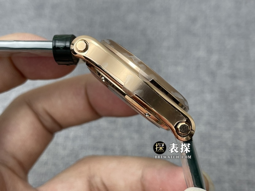 YF厂萧邦女士快乐钻顶级一比一精仿手表绿色珍珠贝母盘皮带款图片及价格侧面实拍图