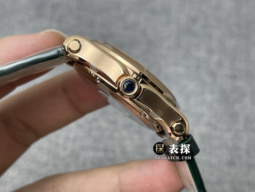 YF厂萧邦女士快乐钻顶级一比一精仿手表绿色珍珠贝母盘皮带款图片及价格侧面实拍图