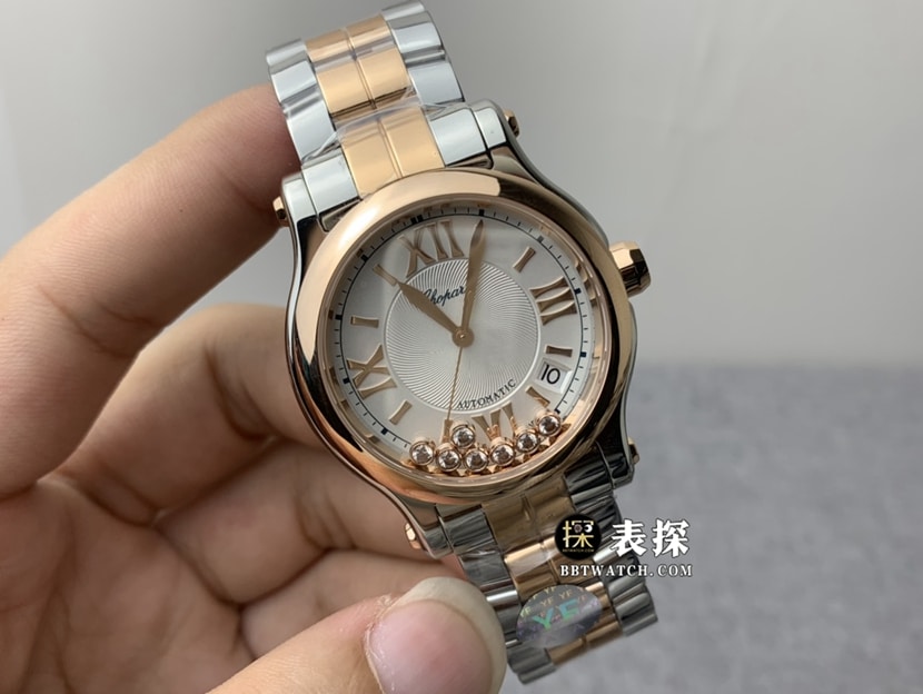 YF厂萧邦女士快乐钻顶级一比一高仿手表银灰盘间金钢带款图片及价格正面实拍图