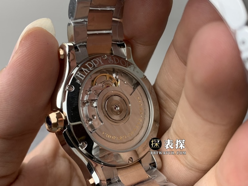 YF厂萧邦女士快乐钻顶级一比一高仿手表银灰盘间金钢带款图片及价格背面实拍图