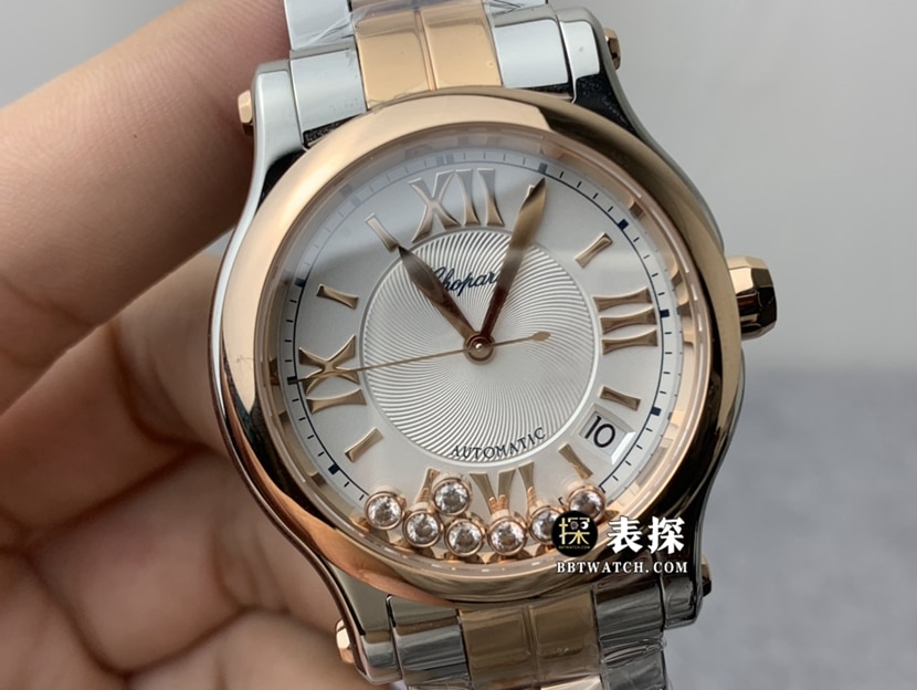 YF厂萧邦女士快乐钻顶级一比一高仿手表银灰盘间金钢带款图片及价格正面实拍图