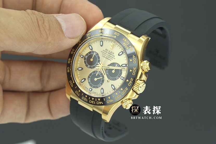 C厂迪通拿劳力士1:1复刻手表计时香槟色熊猫盘橡胶款M116518ln-0048整体实拍图