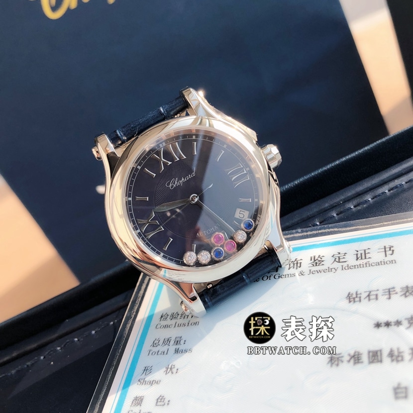 原单快乐钻萧邦1:1复刻手表蓝盘皮带款London Edition正面图