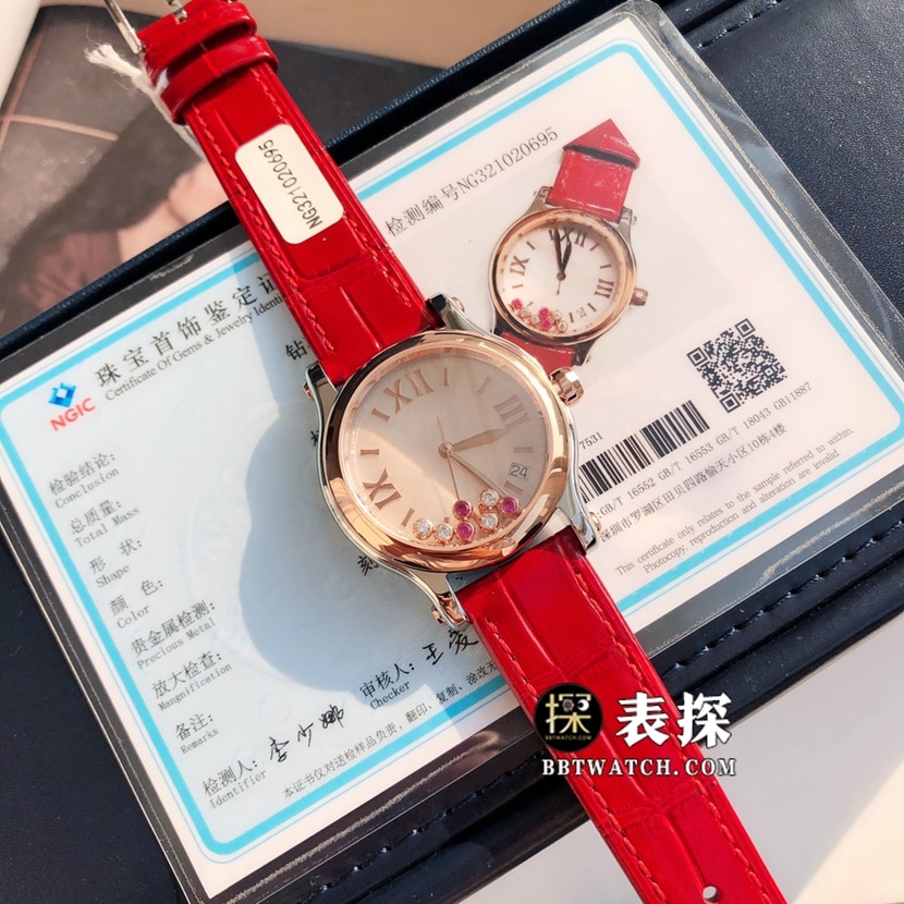原单快乐钻萧邦1:1复刻手表女士白盘皮带款正面图