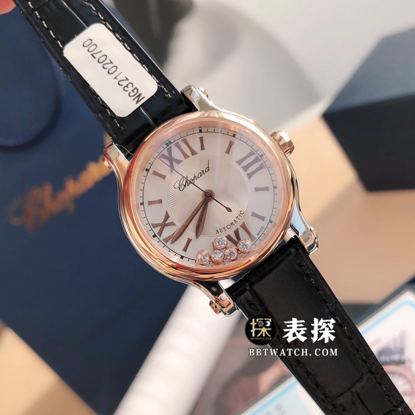 原单快乐钻萧邦1:1复刻手表女士银灰盘皮带款278573-6013正面图
