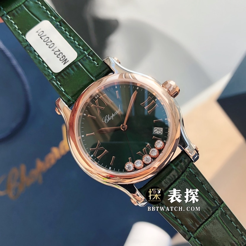 原单快乐钻萧邦1:1复刻手表女士绿盘皮带款278582-6005正面图