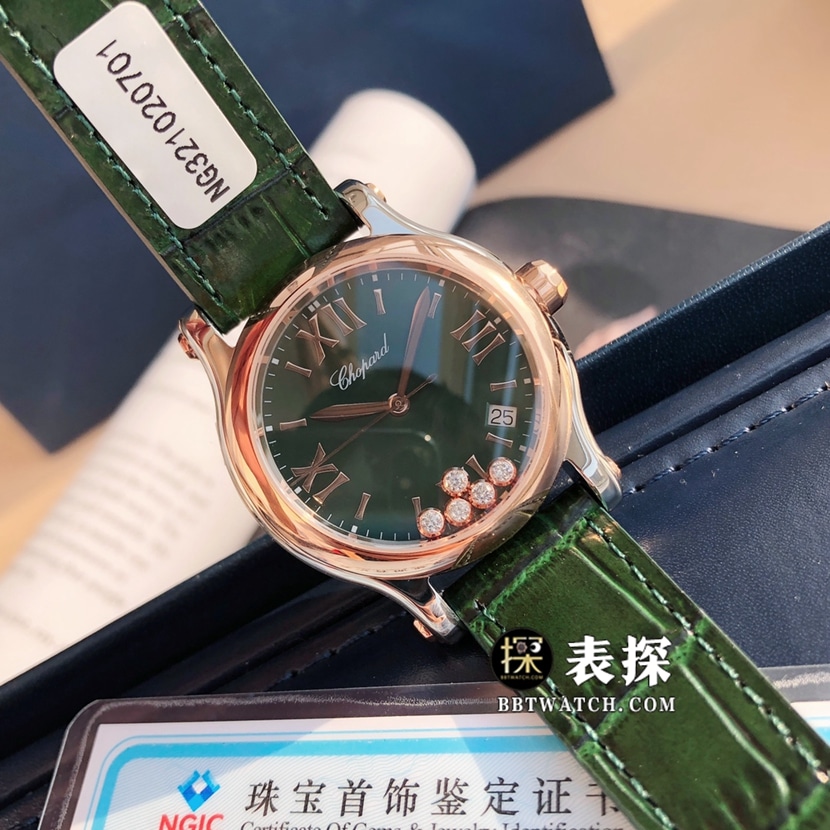 原单快乐钻萧邦1:1复刻手表女士绿盘皮带款278582-6005正面图