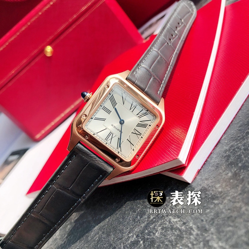 原单山度士卡地亚1:1复刻手表情侣款银盘玫瑰金皮带款WGSA0021、WGSA0022正面图