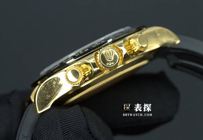 N厂顶级复刻劳力士迪通拿4130胶带款黄金陶瓷圈口黑盘904钢侧面实拍图