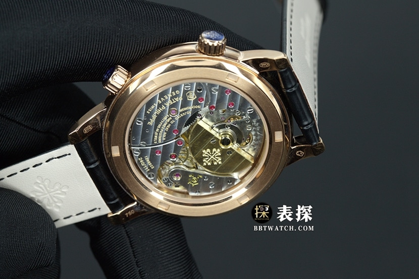 YL超级复杂功能时计百达翡丽1:1复刻手表星空黑盘皮带款6102R-001背面实拍图