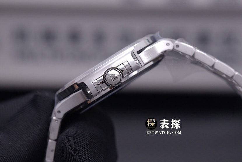 3K厂运动优雅百达翡丽1:1复刻手表夜光灰黑色镶钻圈钢带款7118/1200A-011侧面实拍图