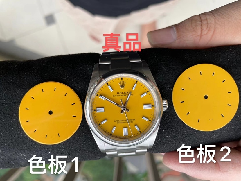 C厂蚝式恒动劳力士1:1复刻手表黄盘钢带款m124300-0004正面实拍图