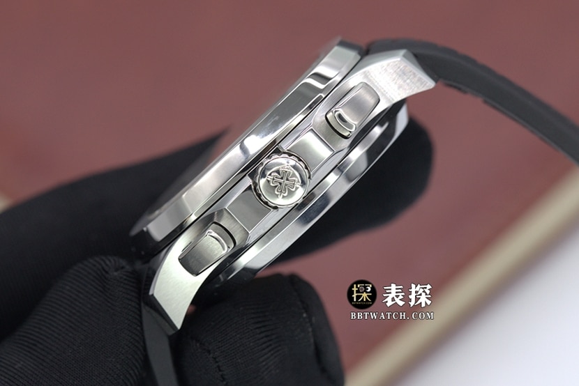 YL厂AQUANAUT百达翡丽1:1复刻手表咖啡浮雕盘计时橡胶款5968A-001侧面实拍图