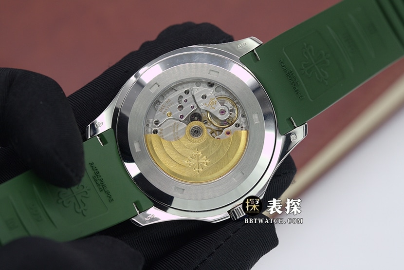 3K厂AQUANAUT百达翡丽1:1复刻手表卡其绿色浮雕盘橡胶款5168G-010背面实拍图