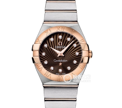 Constellation Omega 1:1 Replica Watches Rings Diamonds Dark Brown Plate Red Gold Rings Steel Strap