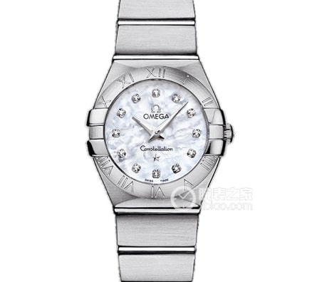 Constellation Omega 1:1 replica watches ring diamonds silver white mother-of-pearl disk diamond ring steel band