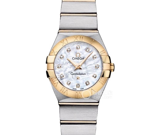 Constellation Omega 1:1 replica watches ring diamond silver white mother-of-pearl disk gold diamond ring steel band
